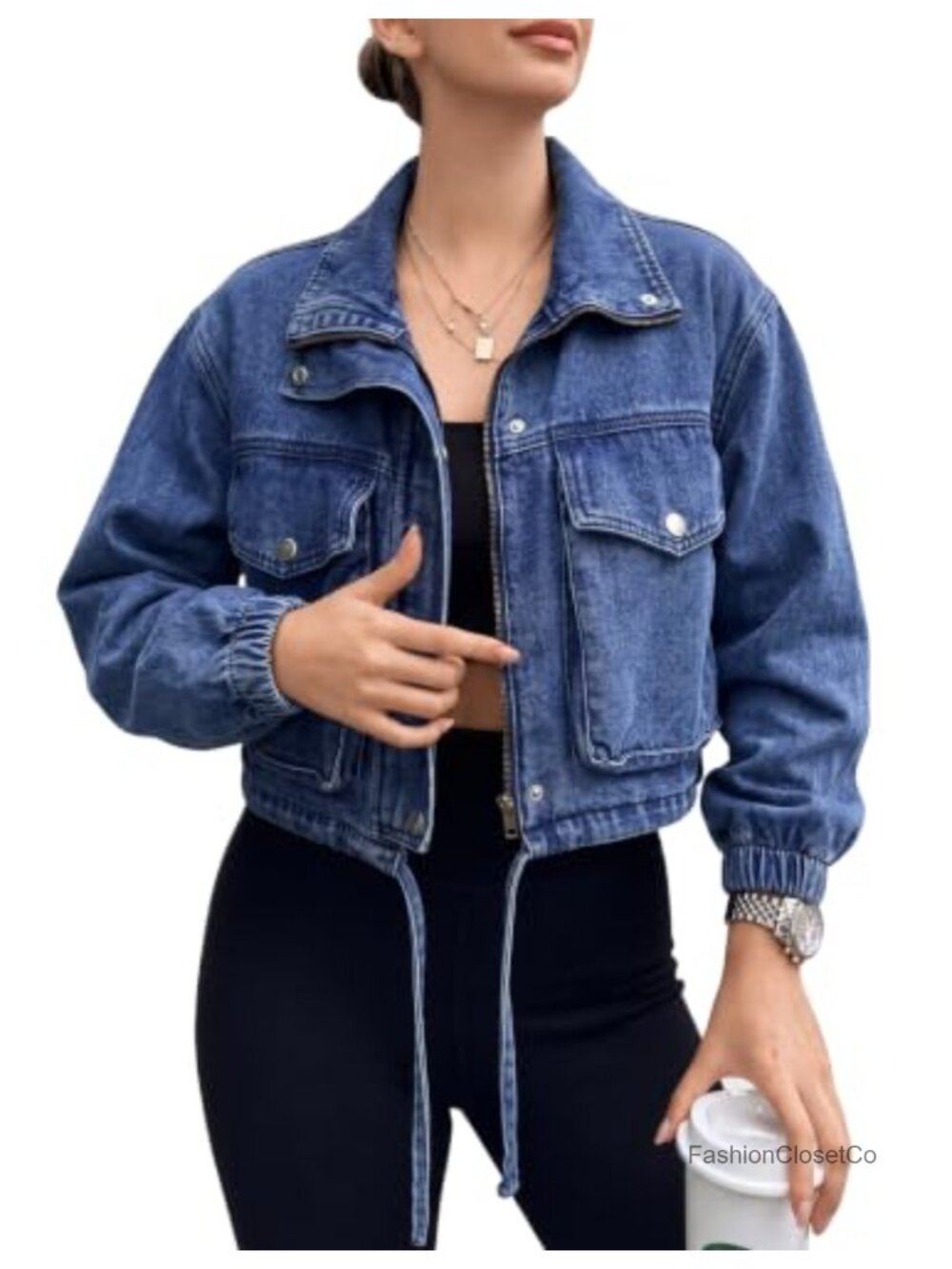 Women's Cropped Denim Jacket Zip Up Lightweight Casual